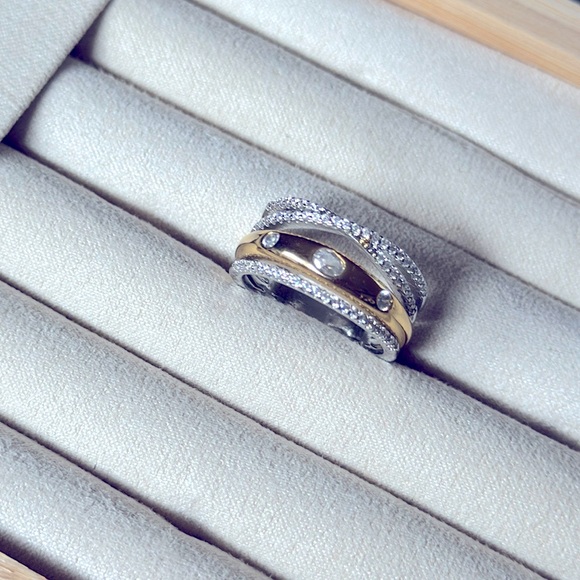 Mixed Metal Gold Silver & Diamond Stacked Ring - Picture 5 of 8